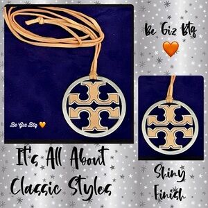 Authentic Tory Burch Silver & Coral Leather Logo With Coral Leather Necklace